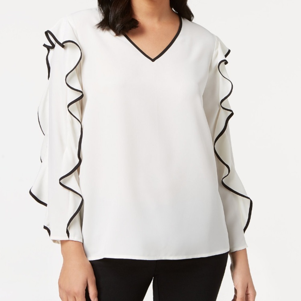 Alfani Women Pipe-Trim Ruffle Sleeve Top Cloud PM